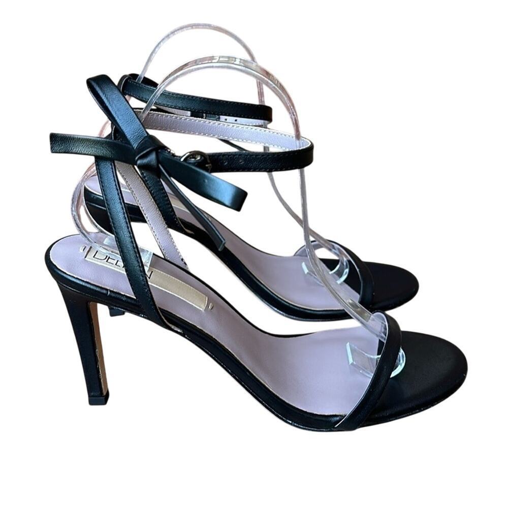 Deltan Black Leather Strappy Stiletto Sandals Bow Ankle Strap 10 Dress Party
